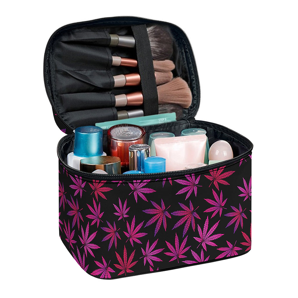 Purple Marijuana Leaf Pattern Print Travel Makeup Bag