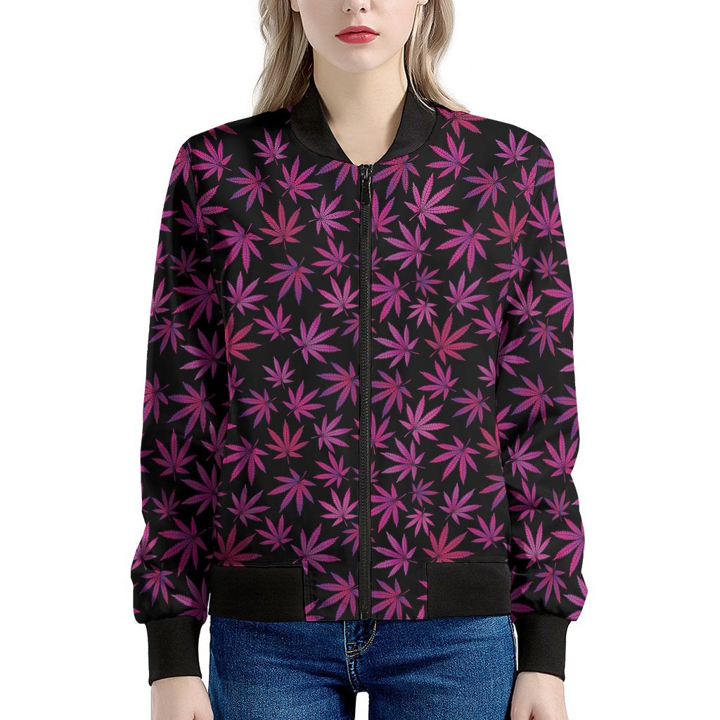 Purple Marijuana Leaf Pattern Print Women's Bomber Jacket