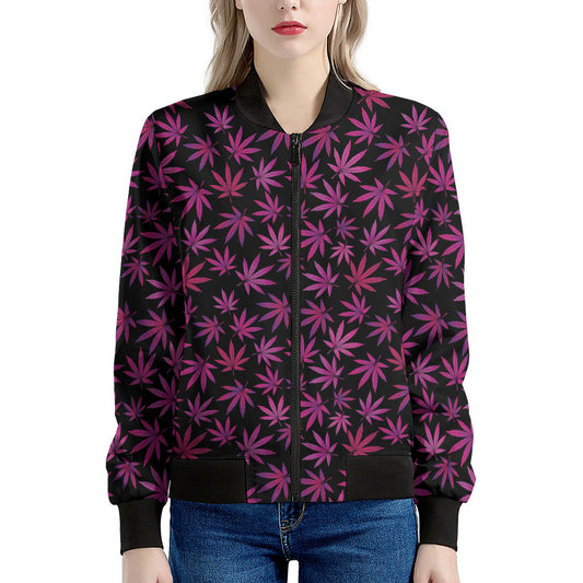Purple Marijuana Leaf Pattern Print Women's Bomber Jacket