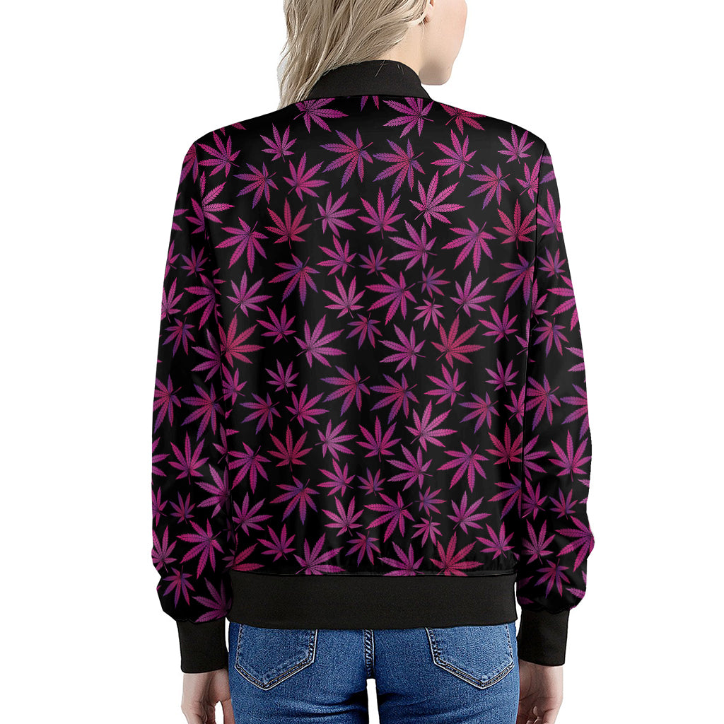 Purple Marijuana Leaf Pattern Print Women's Bomber Jacket