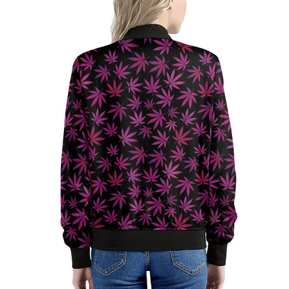 Purple Marijuana Leaf Pattern Print Women's Bomber Jacket