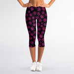Purple Marijuana Leaf Pattern Print Women's Capri Leggings