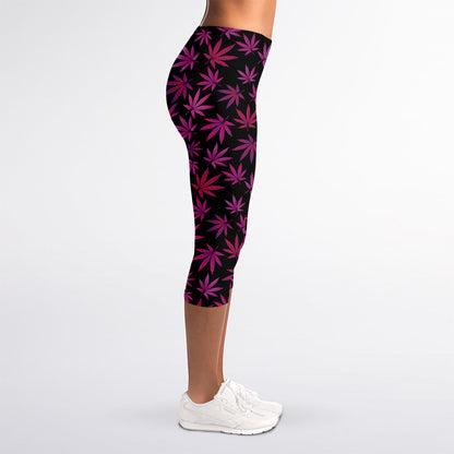 Purple Marijuana Leaf Pattern Print Women's Capri Leggings