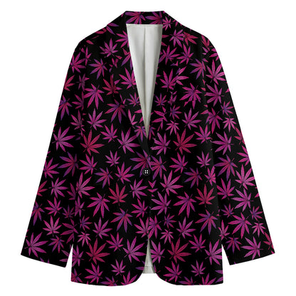 Purple Marijuana Leaf Pattern Print Women's Cotton Blazer