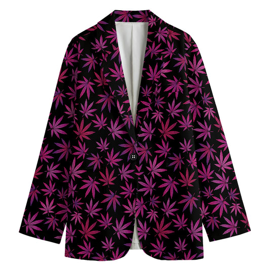 Purple Marijuana Leaf Pattern Print Women's Cotton Blazer