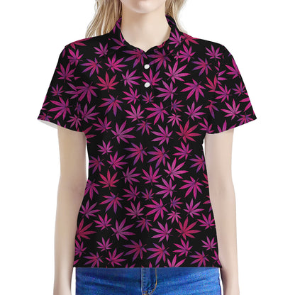 Purple Marijuana Leaf Pattern Print Women's Polo Shirt