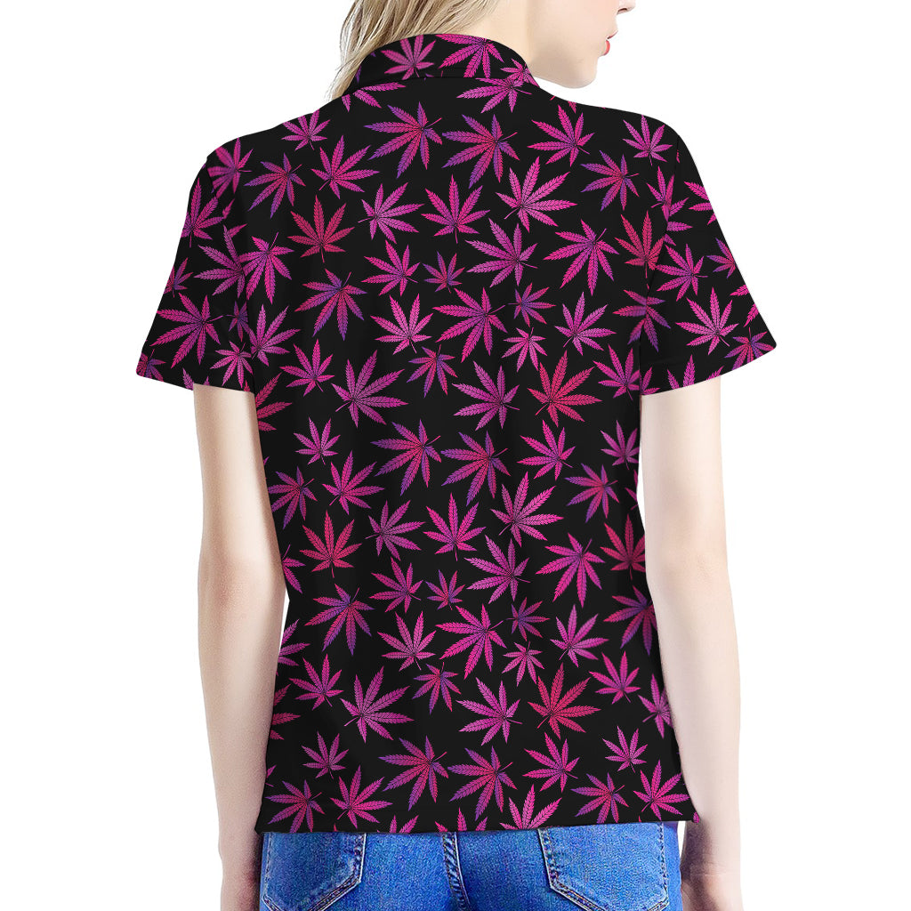Purple Marijuana Leaf Pattern Print Women's Polo Shirt