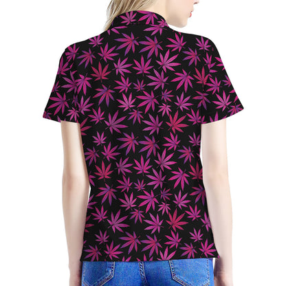 Purple Marijuana Leaf Pattern Print Women's Polo Shirt