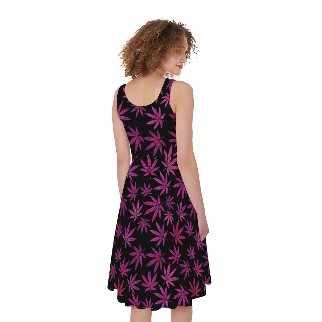 Purple Marijuana Leaf Pattern Print Women's Sleeveless Dress