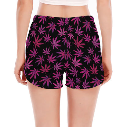 Purple Marijuana Leaf Pattern Print Women's Split Running Shorts