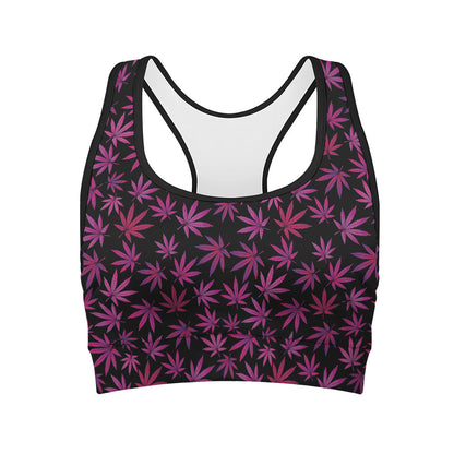 Purple Marijuana Leaf Pattern Print Women's Sports Bra