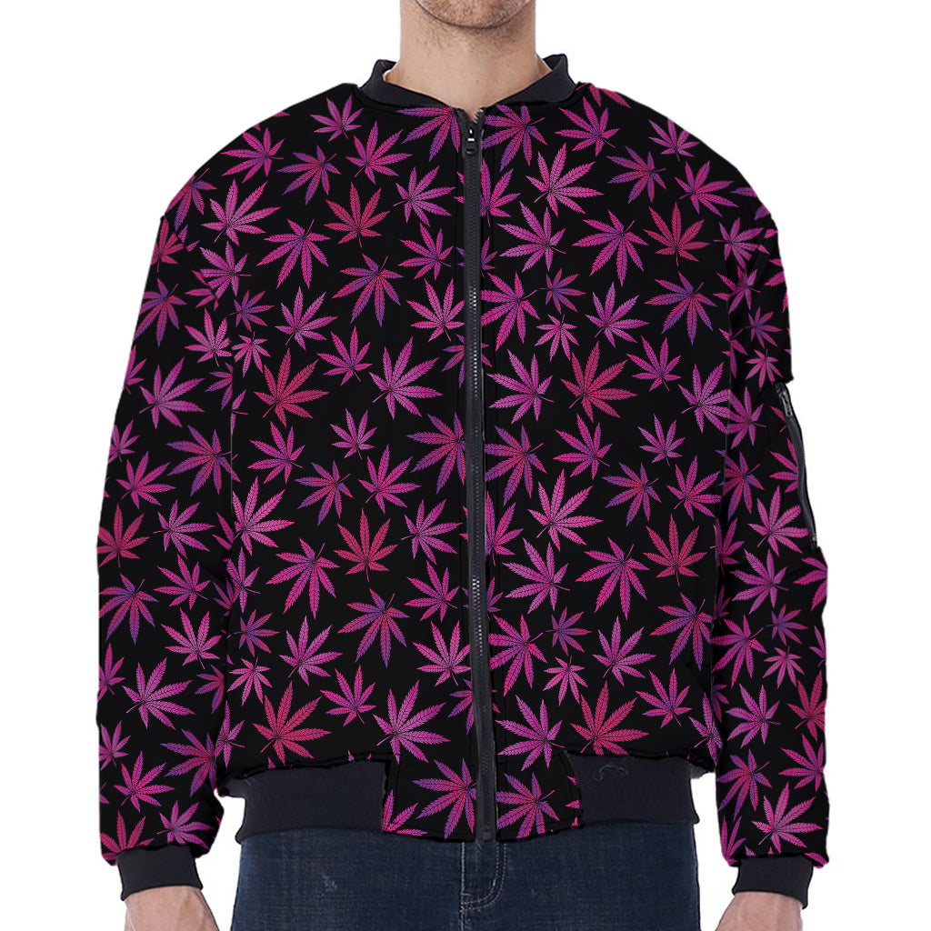 Purple Marijuana Leaf Pattern Print Zip Sleeve Bomber Jacket
