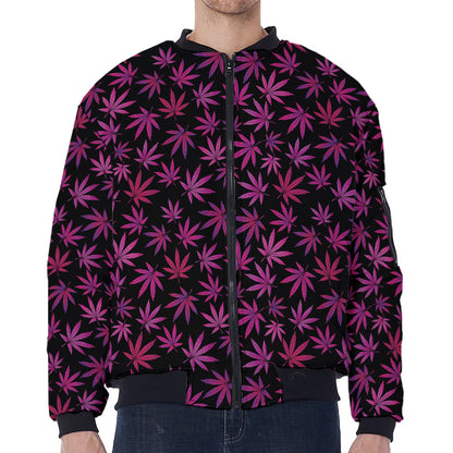 Purple Marijuana Leaf Pattern Print Zip Sleeve Bomber Jacket