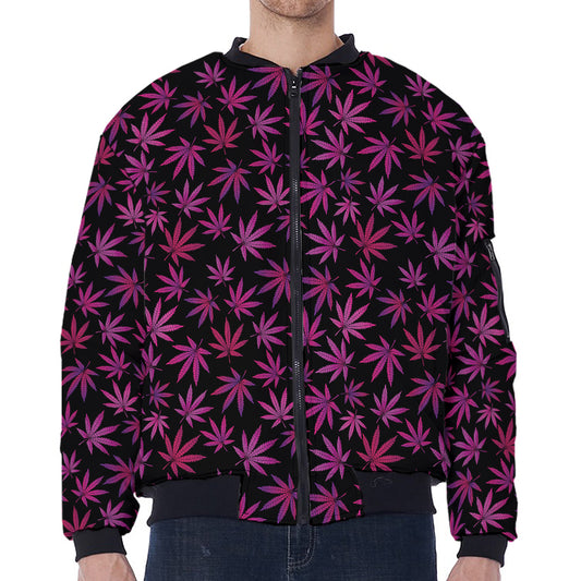 Purple Marijuana Leaf Pattern Print Zip Sleeve Bomber Jacket