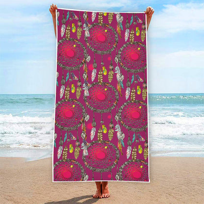 Purple Native Dream Catcher Print Beach Towel