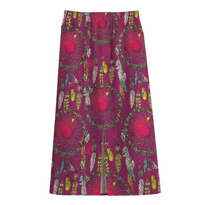 Purple Native Dream Catcher Print Cotton Front Slit Maxi Skirt