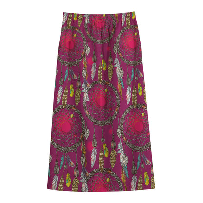 Purple Native Dream Catcher Print Cotton Front Slit Maxi Skirt
