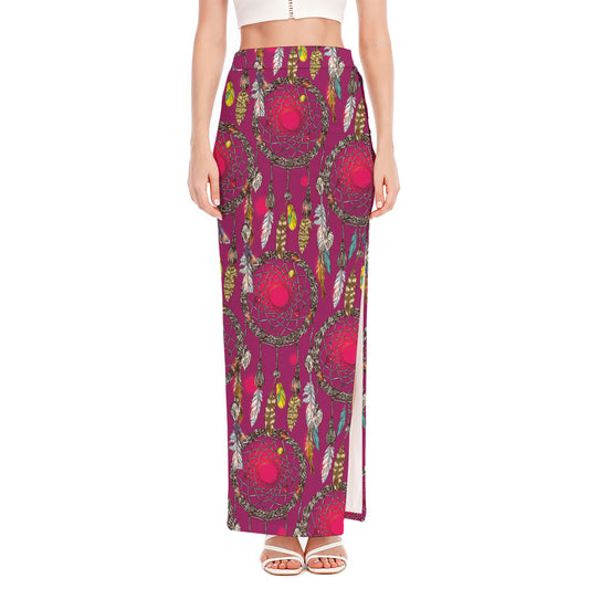 Purple Native Dream Catcher Print High Slit Maxi Skirt