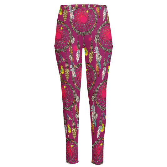 Purple Native Dream Catcher Print High-Waisted Pocket Leggings