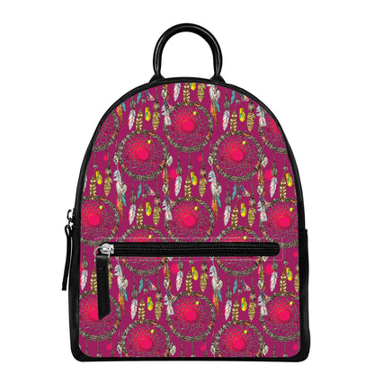 Purple Native Dream Catcher Print Leather Backpack
