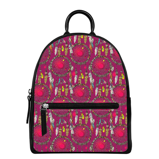 Purple Native Dream Catcher Print Leather Backpack
