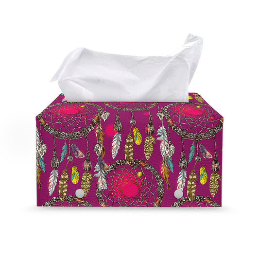 Purple Native Dream Catcher Print Leather Tissue Box Cover