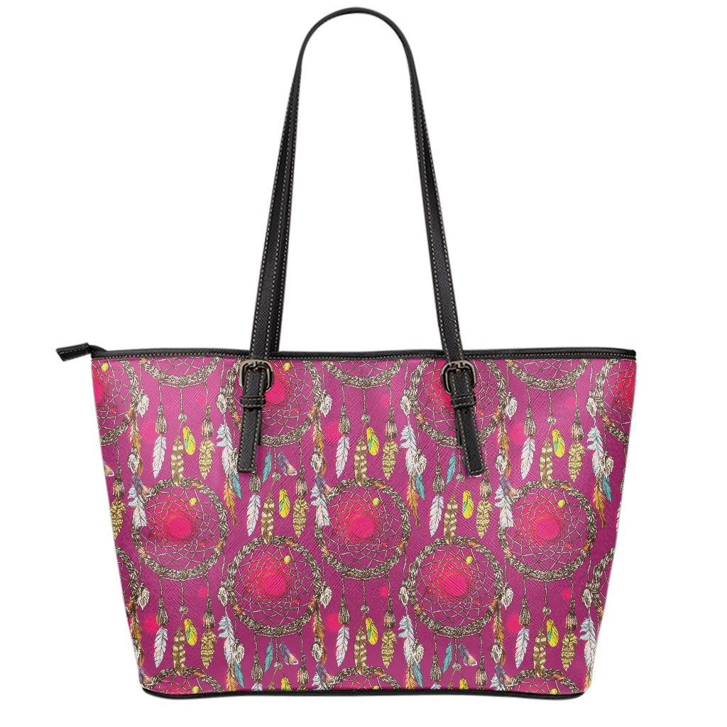 Purple Native Dream Catcher Print Leather Tote Bag