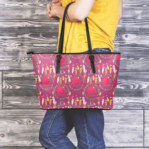 Purple Native Dream Catcher Print Leather Tote Bag