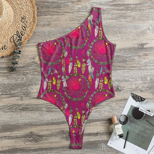 Purple Native Dream Catcher Print One Shoulder Bodysuit