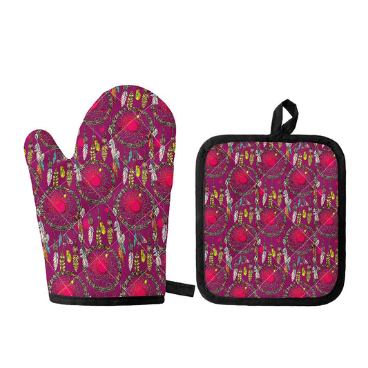 Purple Native Dream Catcher Print Oven Mitt And Pot Holder Set