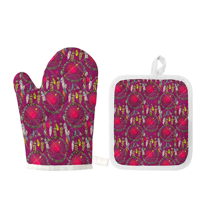 Purple Native Dream Catcher Print Oven Mitt And Pot Holder Set