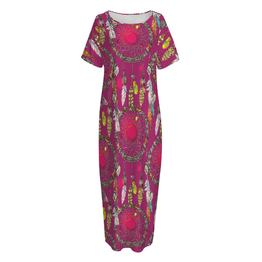 Purple Native Dream Catcher Print Short Sleeve Long Nightdress