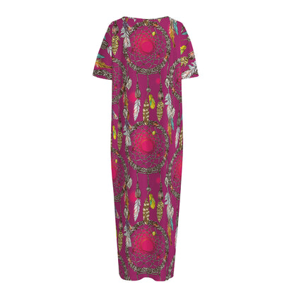 Purple Native Dream Catcher Print Short Sleeve Long Nightdress