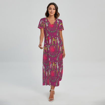 Purple Native Dream Catcher Print Short Sleeve Maxi Dress