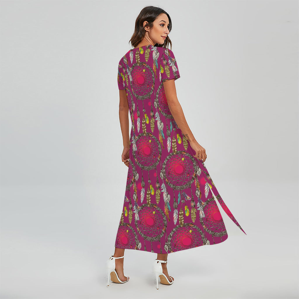 Purple Native Dream Catcher Print Short Sleeve Maxi Dress