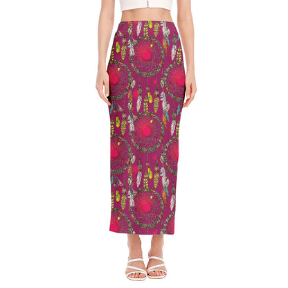 Purple Native Dream Catcher Print Side Slit Maxi Skirt