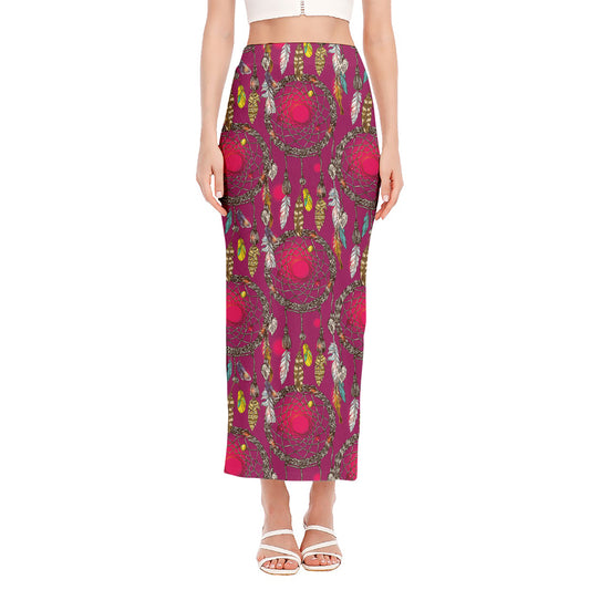 Purple Native Dream Catcher Print Side Slit Maxi Skirt