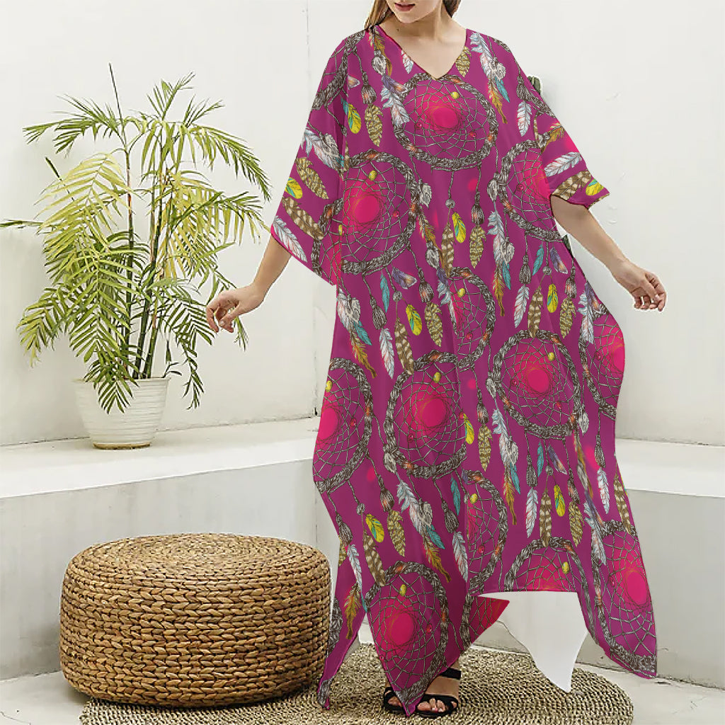 Purple Native Dream Catcher Print Silk V-Neck Kaftan Dress