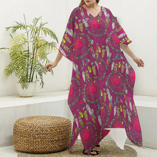 Purple Native Dream Catcher Print Silk V-Neck Kaftan Dress