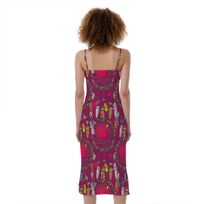 Purple Native Dream Catcher Print Slim Fit Midi Cami Dress