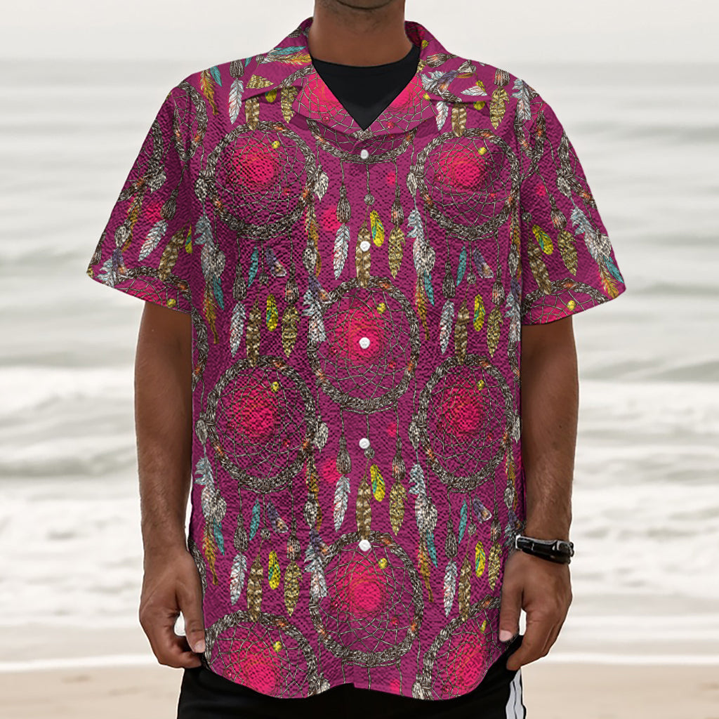 Purple Native Dream Catcher Print Textured Short Sleeve Shirt