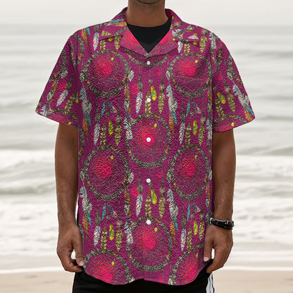 Purple Native Dream Catcher Print Textured Short Sleeve Shirt