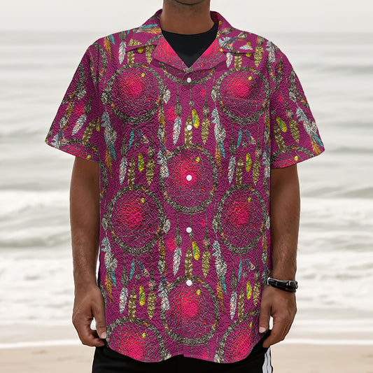 Purple Native Dream Catcher Print Textured Short Sleeve Shirt