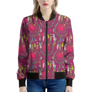 Purple Native Dream Catcher Print Women's Bomber Jacket