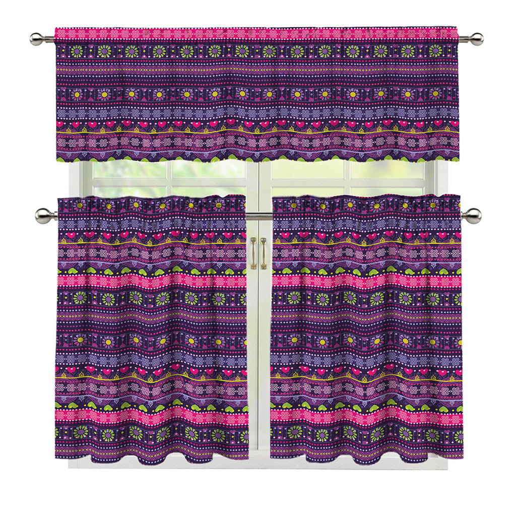 Purple Native Tribal Pattern Print 3 Piece Kitchen Curtains
