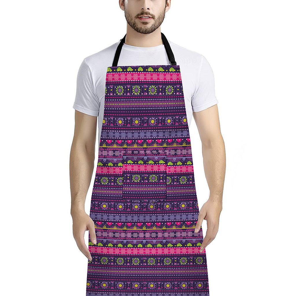 Purple Native Tribal Pattern Print Bib Apron With Pocket