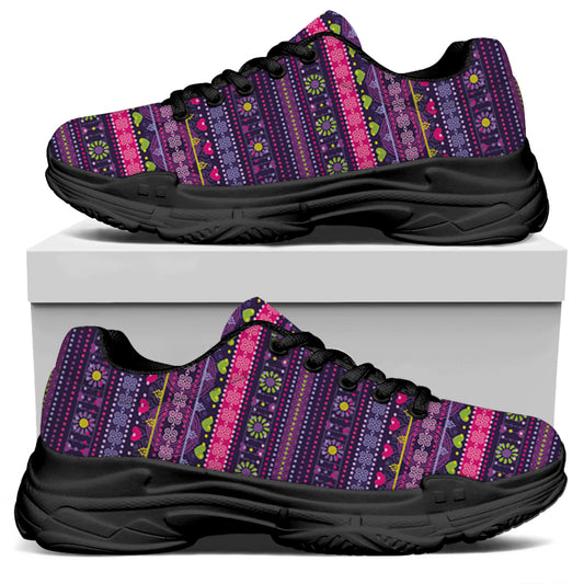 Purple Native Tribal Pattern Print Black Chunky Shoes