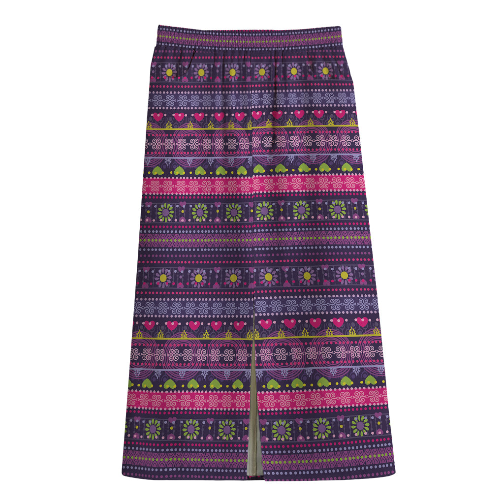 Purple Native Tribal Pattern Print Cotton Front Slit Maxi Skirt