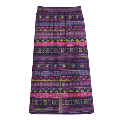 Purple Native Tribal Pattern Print Cotton Front Slit Maxi Skirt