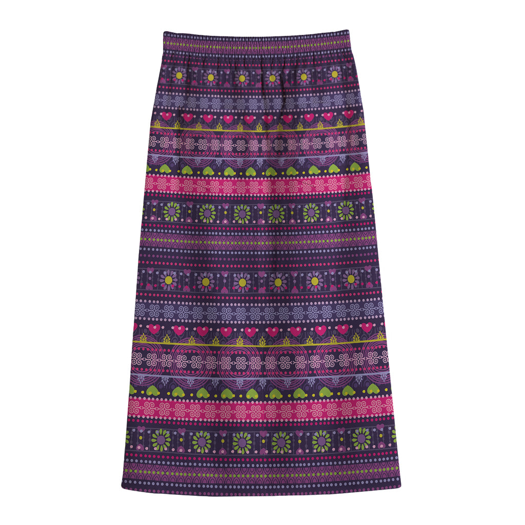 Purple Native Tribal Pattern Print Cotton Front Slit Maxi Skirt